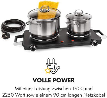 Електрична подвійна конфорка Klarstein Cookorama, 2250 Вт, маса варильних поверхонь 150/180 мм Ø, світлові індикатори, ручки для захоплення, 5 рівнів, варильна поверхня, кемпінг, чорний чорний 2250 Вт