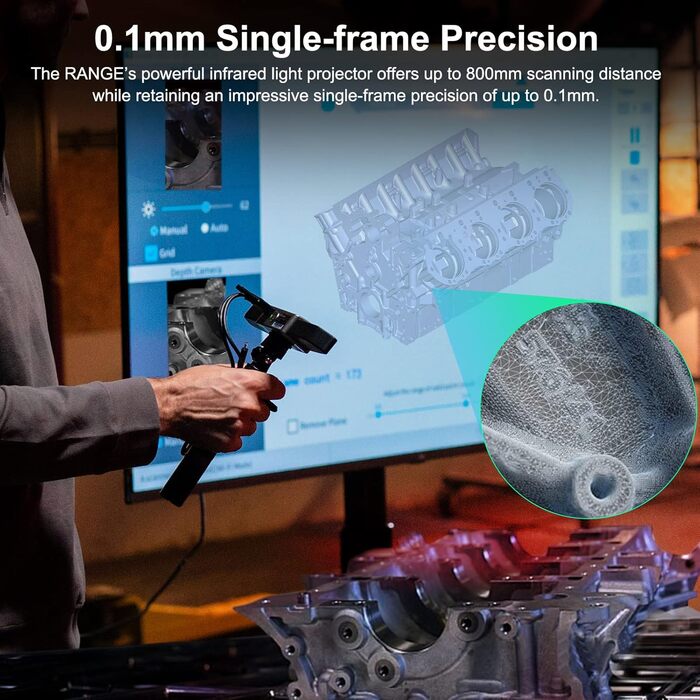 Сканер Revopoint Range, точність сканування 0,1 мм, швидкість сканування 18 кадрів в секунду, одна область сканування 360 мм x 650