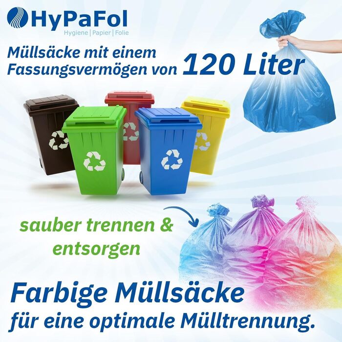 Сміттєві мішки HypaFol 120 л, 250 шт. , жовтий мішок Міцні сміттєві мішки для роздільного збору упаковки та пластику Кольорові сміттєві мішки для роздільного збору відходів Перероблений пластик з високою стійкістю до розривів
