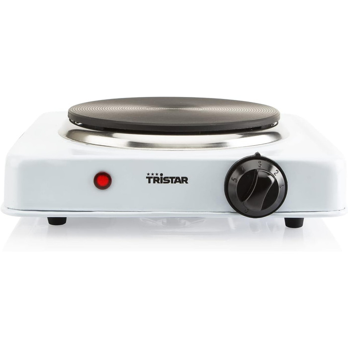 Гаряча плита Tristar KP-6185 Ø 15 см 1000 Вт нержавіюча сталь з термостатом ідеально підходить для кемпінгу біла одинарна конфорка