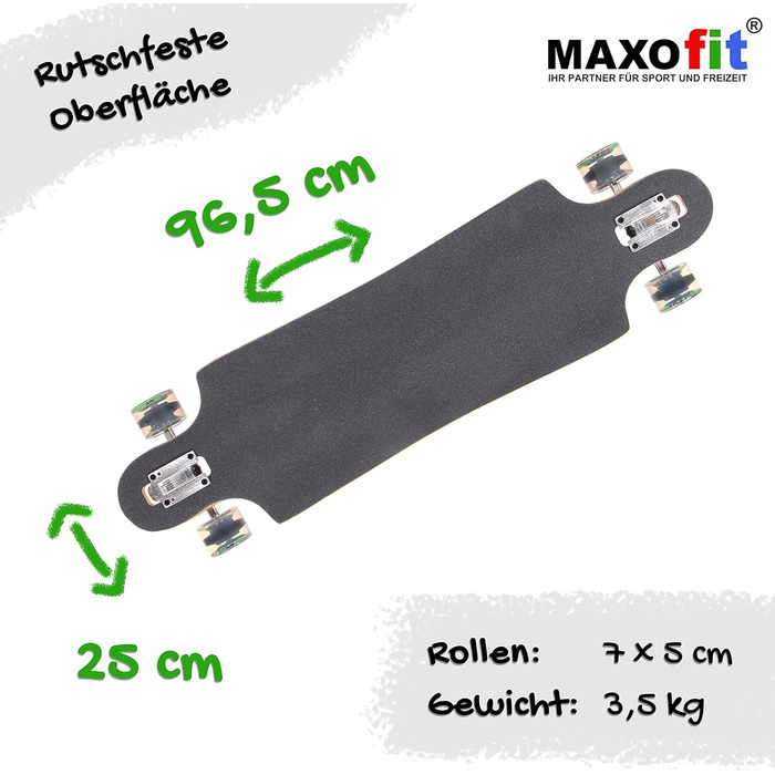 Лонгборд MAXOfit XXL Deluxe Jamaica LB-01 104 см 7-шаровий клен drop mount freeride ABEC-9 78A колеса 75мм повний компліт для фрірайду стрибків GeoLines дизайн оригінал Німеччина 2025