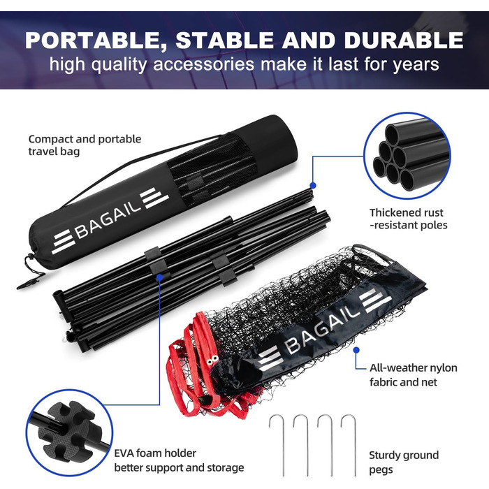 Портативний комплект спортивної сітки BAGAIL 3 в 1 (Бадмінтон, Теніс, Волейбол), 3 м, Червоний/Чорний, Регульована висота, Зі складною підставкою та сумкою