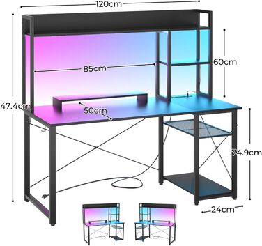 Ігровий стіл з полицею, комп&39ютерний стіл 47 дюймів зі світлодіодним підсвічуванням та розетками, стіл для домашнього офісу з двосторонніми 5-ярусними відділеннями для зберігання та підставкою для монітора, чорний, 120 см.