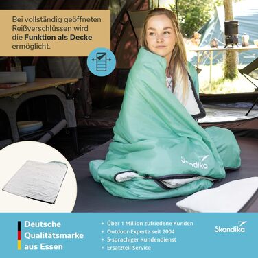 Спальний мішок Skandika Skye Blanket Спальний мішок на 3 сезони з подушкою, що з&39єднується, 220 x 75 см, наповнювач з мікрофібри 250 г/м, внутрішня кишеня, можна прати Спальні мішки для вулиці, блакитного кольору Застібка-блискавка зліва