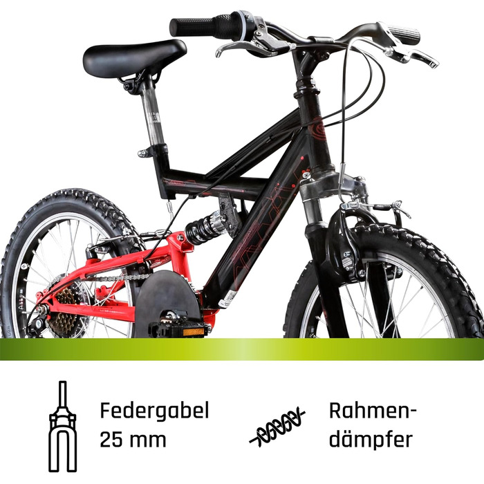 Велосипед Galano FS180 18 дюймів для дітей віком від 5 років, дитячий велосипед, гірський велосипед для хлопчиків та дівчаток, повнопідвісний велосипед для дітей, гірський велосипед унісекс, легкий, велосипед для хлопчиків та дівчаток, чорний/червоний, 28