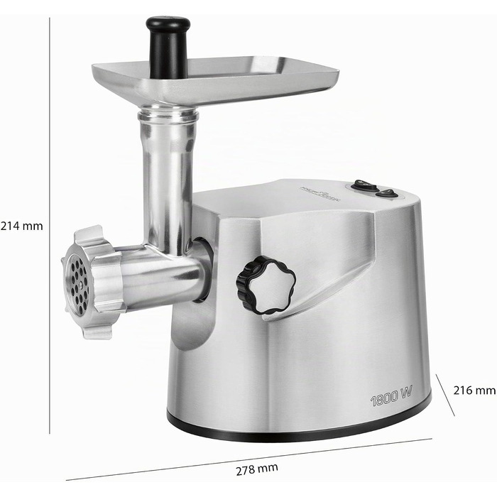 Електрична м'ясорубка Profi Cook PC-FW 1172, 1800 Вт, для м'яса, ковбас та печива, 2 кг/хв, з насадками для ковбас, кеббе та 3 сталевими дисками, нержавіюча сталь, срібляста