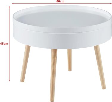 Журнальний столик Bongard зі знімним підносом, круглий бічний столик з гладкою поверхнею, Ø60 x 45 см, для вітальні, низький столик для зберігання, журнальний столик з місцем для зберігання, білий, сучасний