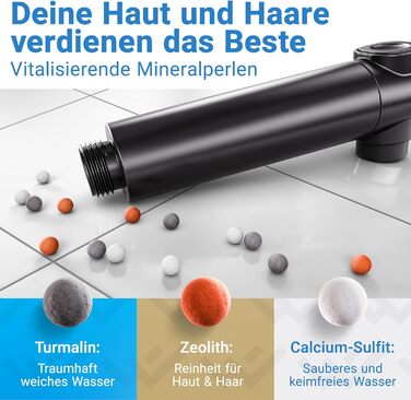 Душова лійка з фільтром 3 режими - включно з режимом підвищення тиску Економна душова лійка з мінеральними перлинами Ручна душова лійка, душова головка, душова насадка в чорному кольорі, включно з інструментом, запасними перлинами та матовою чорною панелл