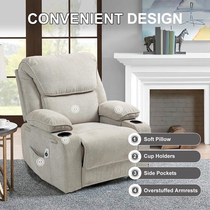 Крісло-гойдалка з функцією масажу, крісло для телевізора з функцією відкидання, вібрація, підігрів, товста спинка та підлокітники, масажне крісло з функцією гойдання, поворот на 360, бежевий