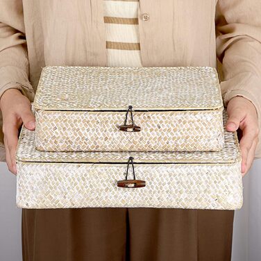 Кошик SUMNACON з ротанга, 2 шт., виготовлений з натуральної морської трави, з кришкою, коробка для зберігання ручної роботи, кошики для зберігання, кошик-органайзер для кухні, ванної кімнати, спальні, великий малий (прямокутний, білий)