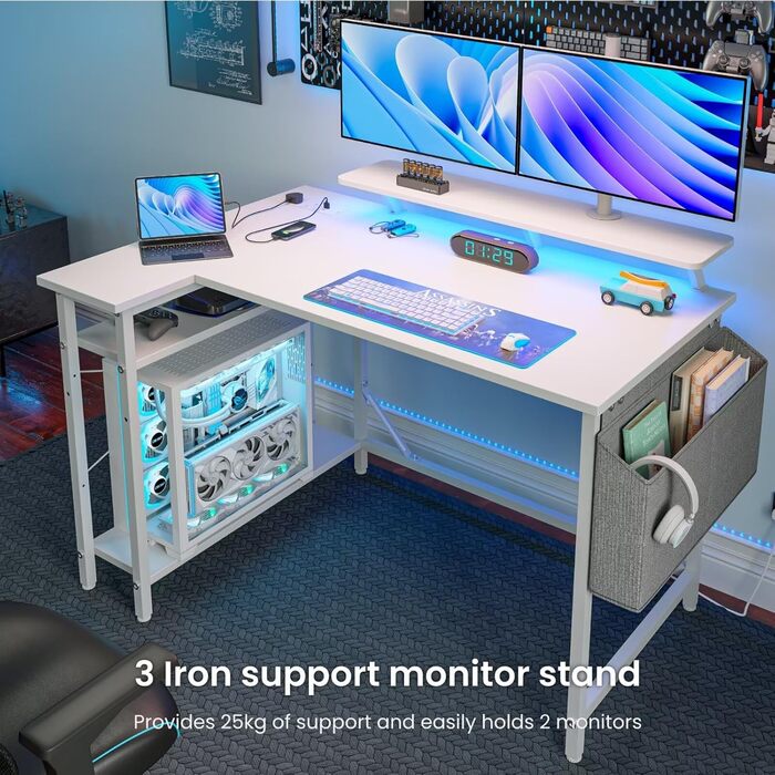 Г-подібний ігровий стіл зі світлодіодним підсвічуванням та розетками, 140 x 80 см, кутовий комп&39ютерний стіл з сумкою для зберігання, регульованими полицями та великою підставкою для монітора, для домашнього офісу, білий колір 140 x 80 см