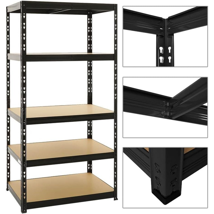 Міцний стелаж Tiger Black 180x90x60 см з вантажопідйомністю 265 кг Стелажі для гаража, підвалу, майстерні, зберігання, безболтовий стелаж, комплект з 2 предметів Глибина 60 см, 2 шт.