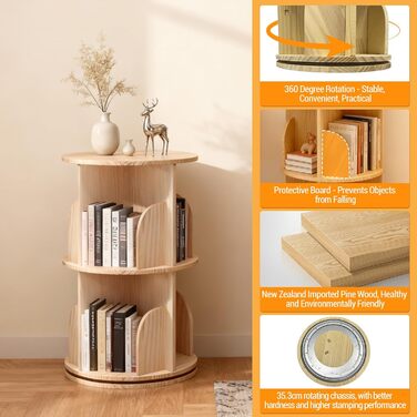 Рівнева обертова книжкова полиця з масиву дерева - Полиця на 360 - Підлогова книжкова полиця - Багатофункціональна книжкова полиця - Полиця для зберігання для дітей та дорослих, Ø39 см, В67 см, 2-