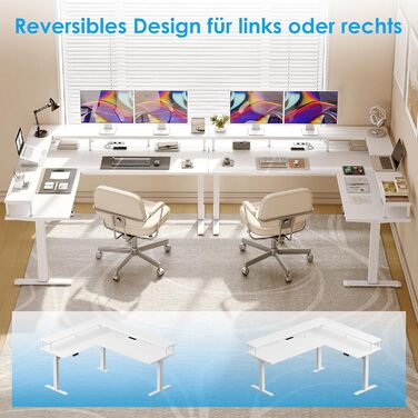 Кутовий письмовий стіл OffiGo, регульована висота, 150x120 см, стіл з регульованою висотою та розеткою, електричний L-подібний стіл з підставкою для монітора, білий 150 x 120 см