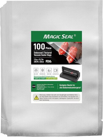 Структура вакуумного пакета MAGIC SEAL, дуже товста вакуумна пакувальна плівка 190 мкм, PAPE, без BPA, sac sous vide, 100 пакетів (28 x 40 см)