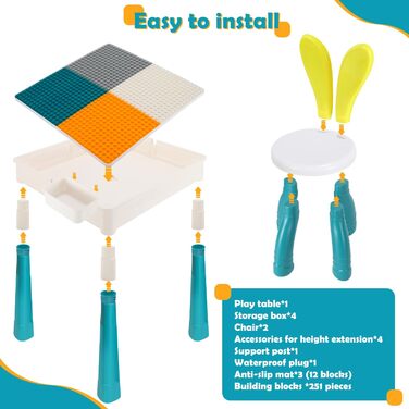 Дитячий стіл з 2 стільцями, ігровий стіл з 251 будівельним блоком, багатофункціональний ігровий стіл з регульованою висотою, набір будівельних блоків