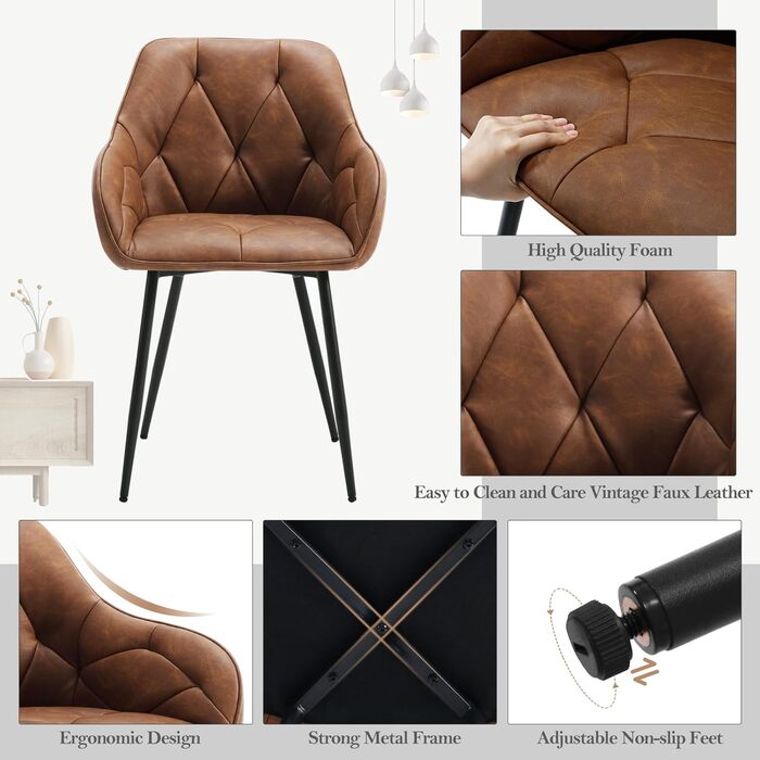 Обідні стільці WOLTU, комплект з , для їдальні та вітальні, ергономічні кухонні стільці, оббиті підлокітниками, металеві ніжки, сидіння зі штучної шкіри у вінтажному стилі, коричневий колір, комплект з