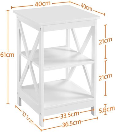 Приліжковий столик 3 яруси Приліжковий столик з Х-подібними ніжками Диванний столик Журнальний столик для спальні та вітальні, 40x40x61 см, Білий/Розкішний сад