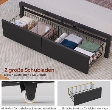 Ліжко 140x200 см, м&39яке ліжко зі світлодіодним підсвічуванням, металевий каркас ліжка, каркас ліжка з 2 шухлядами, узголів&39я з полицею та місцем для зберігання речей, розетка, двоспальне ліжко з рейковою основою, для спальні, PU чорного кольору