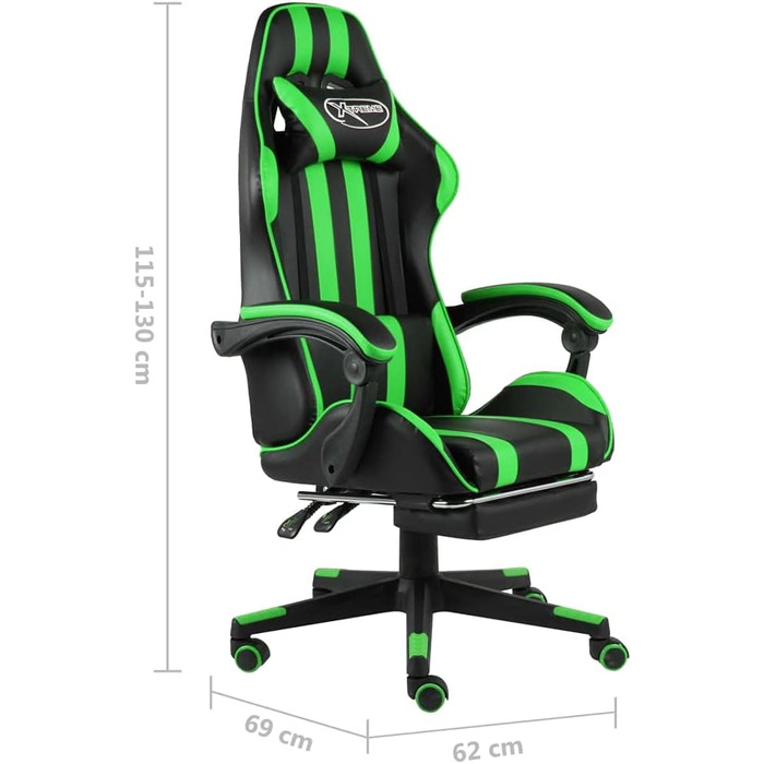Геймерське крісло з підставкою для ніг, чорно-зелена штучна шкіра