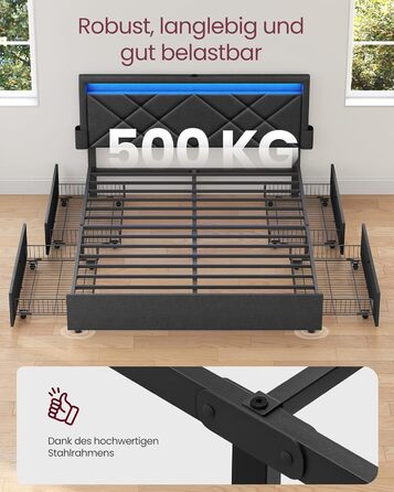 Каркас двоспального ліжка VASAGLE, Каркас ліжка, 180 x 200 см, LED, Металеве ліжко, 4 шухляди, Зарядна станція, Регульоване м&39яке узголів&39я, Темно-сірий RMB825GN02 Темно-сірий 180 x 200 см