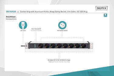 Подовжувач живлення DIGITUS 19 - - 1U - 250 В змінного струму - 50/60 Гц - 16 А - 4000 Вт (8 кранів, лінія живлення C20, версія DE)