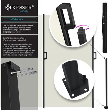 Розсувна бічна маркіз KESSER 180 x 300 см, непрозора, захист від вітру та конфіденційності для саду, балкону та тераси, бічна рулонна штора з настінним кріпленням, вкл. захист від негоди та монтажні аксесуари, бежевий 300 x 180 см