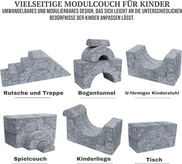 Модульний дитячий диван MeMoreCool з пінопласту, розкладні меблі для дитячої кімнати з функцією сидіння та відкидання, м&39який міні-диван зі знімним чохлом, сірий динозавр 02 сірий динозавр
