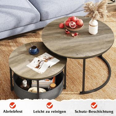 Набір з 2 круглих журнальних столиків WLIVE, сучасний круглий стіл для вітальні, бічний столик з тканинним кошиком, діаметр 80 см, журнальний столик для спальні, домашнього офісу (сірий дуб)