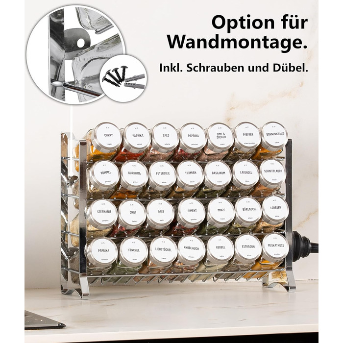 Підставка для спецій Deco haus, настінна та настінна З 28 БАНКАМИ ДЛЯ СПЕЦІЙ ТА ЕТИКЕТКАМИ - Органайзер для спецій - Органайзер для підставки для спецій - Підставка для спецій, підвісні підставки для спецій - Шафа для підставки для спецій, чорне місце для