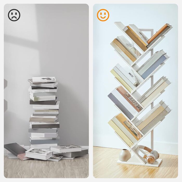 Книжкова полиця HOOBRO у формі дерева, підлогова книжкова полиця з 9 полицями, книжкова полиця для домашнього офісу для зберігання книг та компакт-дисків, міцна та стійка, для вітальні EWT08SJ01G1 34 x 20 x 116 см білий