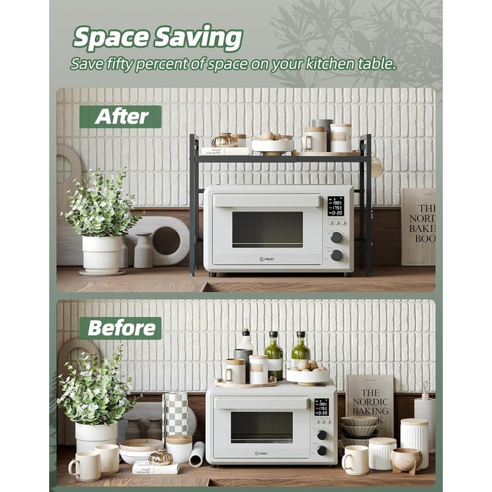 Розширювана полиця для мікрохвильової печі NETEL, 2-рівнева, полиця над мікрохвильовою піччю, підставка для мікрохвильової печі на стільницю, кухонна полиця для духовки/кавоварки, стабільна підставка для мікрохвильової печі з 8 гачками, чорна, 2-рівнева -