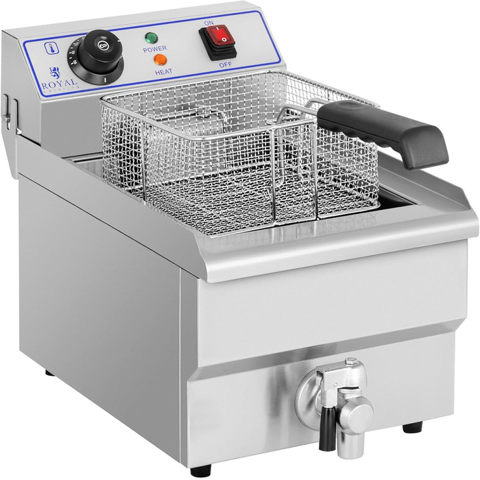 Електрична фритюрниця Royal Catering RCEF-10EH з нержавіючої сталі з кошиком (10 літрів, 3200 Вт, 230 В, термостат 60-200 C, 47,5 x 28 x 34,5 см, зливний кран)