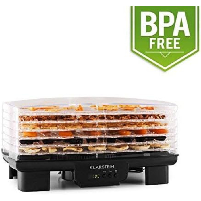 Дегідратор, дегідратор, сушарка для фруктів, м'яса та фруктів, 6 рівнів, штабельована, 550 Вт, регульована температура, робота з конвекцією, РК-дисплей, без бісфенолу А, чорний