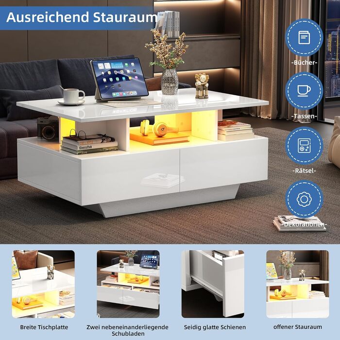 Журнальний столик Merax глянцевого білого кольору, стіл для вітальні зі світлодіодним підсвічуванням, журнальний столик з 2 шухлядами, відкриті відділення, стильний столик для дивана, бічний столик, чайний столик, елегантний прямокутний центральний столик