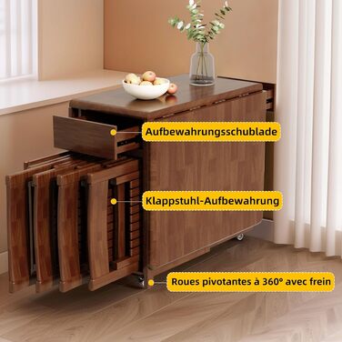 Розкладний стіл, компактний, багатофункціональний кухонний/обідній стіл, розсувний з масиву дерева та колесами, що обертаються на 360, для 2-8 осіб у невеликих квартирах. Розкладний обідній стіл, горіх (150 см).