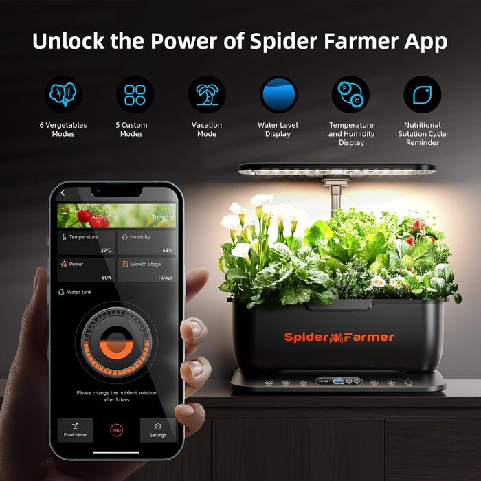 Гідропонна система вирощування Spider Farmer SmartG12, 12 стручків для внутрішнього саду зі світлодіодною лампою для рослин 36 Вт повного спектру, керування APP та WiFi, резервуар для води 6 л, система насосів, автоматичний таймер