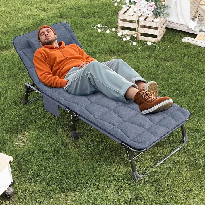 Складаний шезлонг з 4 регульованими положеннями спинки, портативна універсальна комбінація кемпінгового ліжка/шезлонга для саду, басейну, патіо, м&39який матрац та подушки - синій