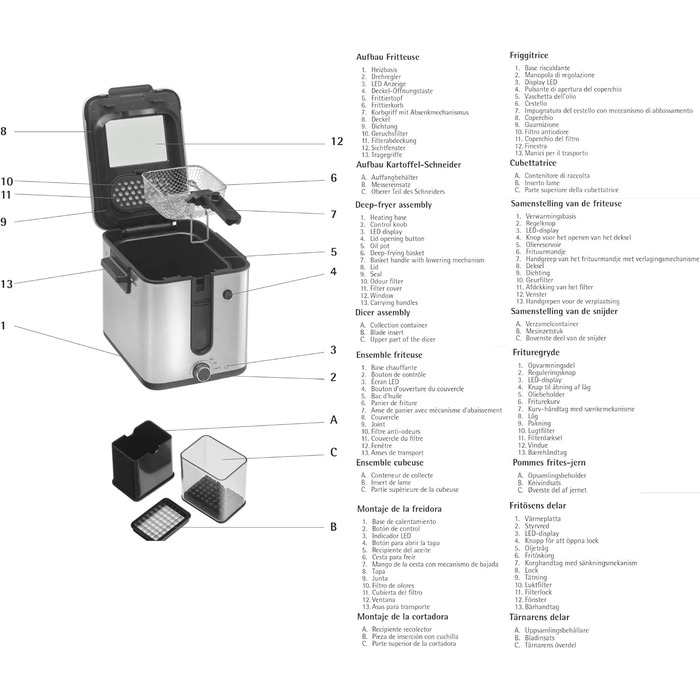 Міні-фритюрниця з жиром/олією, міні-фритюрниця з картоплерізкою, 1000 Вт, знімний контейнер для олії, для хрусткої картоплі фрі, матова нержавіюча сталь матова