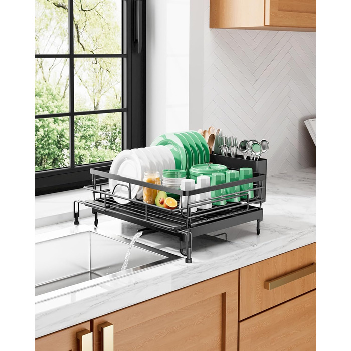 Висувна сушарка для посуду Kitsure сушарка для посуду з нержавіючої сталі з регульованими ніжками, тримачем для столових приборів та знімним підносом, 39,5-64,0 см x 43,0 см x 20,5 см, чорна
