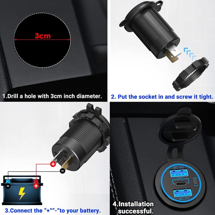 Вт) 12 В USB C розетка установка PD3.0 тип C USB розетка Водонепроникний 12 вольт автомобільна розетка прикурювач адаптер з 3 з'єд