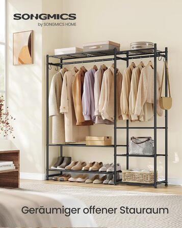 Вішалка для одягу SONGMICS, Відкрита шафа, Вішалка для пальто з 7 полицями, 2 вішалки для одягу, 4 S-подібних гачки, Металевий каркас, для спальні, вітальні, вхідної зони, Чорний LGR010BZ01 124.8W см