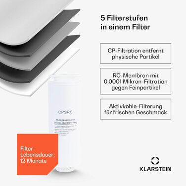 Система зворотного осмосу Klarstein VitalPour - 5-ступінчастий фільтр для осмосу, гаряча вода за 3 секунди, бак 5 л і глечик 1,5 л, 5 рівнів температури, сенсорний дисплей, блокування від дітей, легке встановлення