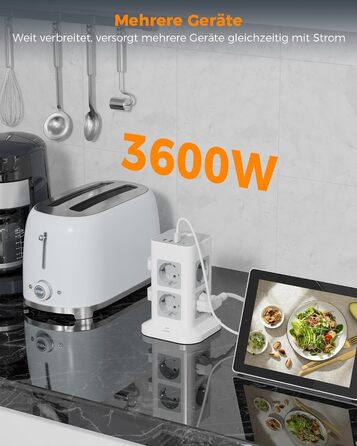 Місна розетка з USB C, захист від перенапруги з 3 USB і 1 USB C, розетка з вимикачем, подовжувач 2M для дому, 3600 Вт 2 метри, 8-