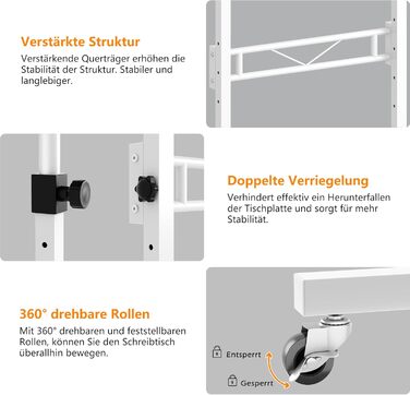 Стіл з регульованою висотою та колесами, комп&39ютерний стіл, стіл для роботи стоячи, регульована висота для бігової доріжки/ходьби для дому, невеликий ПК-стіл для домашнього офісу, 80 x 40 см, білий (80 x 40 x 74-110 см)