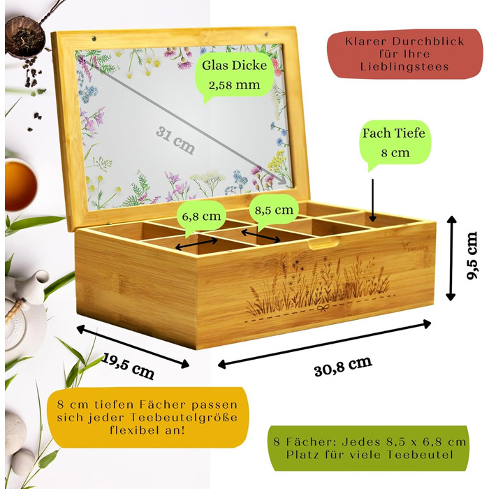 Преміальна чайна коробка з 8 відділеннями, акриловим скляним віконцем, гравіюванням трав та магнітною застібкою - універсальне використання для чайних пакетиків, кавових капсул тощо (Mattem Wildflower Meadow)