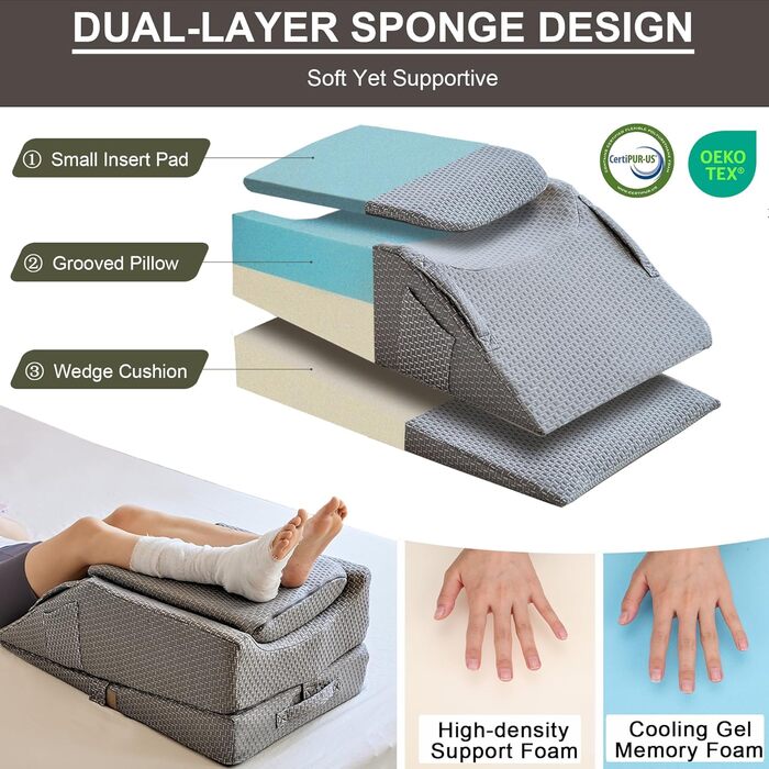 Багатофункціональна подвійна подушка для підняття ніг 9-в-1, 3 режими для колін, щиколоток та ніг, регульоване по висоті U-подібне положення ніг, бічні кишені та ручки, чохол з повітряним шаром, що прається (сірий сірийповітрянийшаровийчохолдляног)