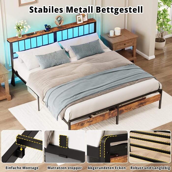 Каркас ліжка IRONCK 180x200, Ліжко зі світлодіодним підсвічуванням та розетками, Місце для зберігання речей під ліжком, 2 розетки змінного струму, 1 порт USB та 1 порт Type-C, Двоспальне ліжко з металевою рейковою основою, 180x200 см
