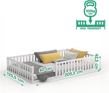 Дитяче ліжко CADANI Teso 120x200 см Ліжко-підлога Монтессорі, вантажопідйомність до 200 кг, із захистом від падіння, включаючи рейкову основу, масив сосни, білий колір - 3 варіанти складання, 120 x 200 см, білий колір