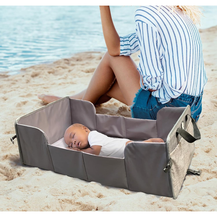 Складне дитяче ліжечко для подорожей з матрацом - надзвичайно легке, компактне, кишені з боків, 41 x 74 см (у зібраному вигляді) / 41 x 26 см (у складеному вигляді), 100 поліестер, чорний/сірий